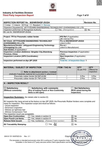 ISO 17357 Class I Pneumatic Fender BV DNV ABS Certification Records BV certificate for JettyGuard pneumatic fender — ISO 17357 Class I certification records BV DNV ABS