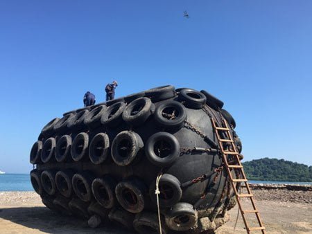 Professional maintenance and support team working on marine fenders