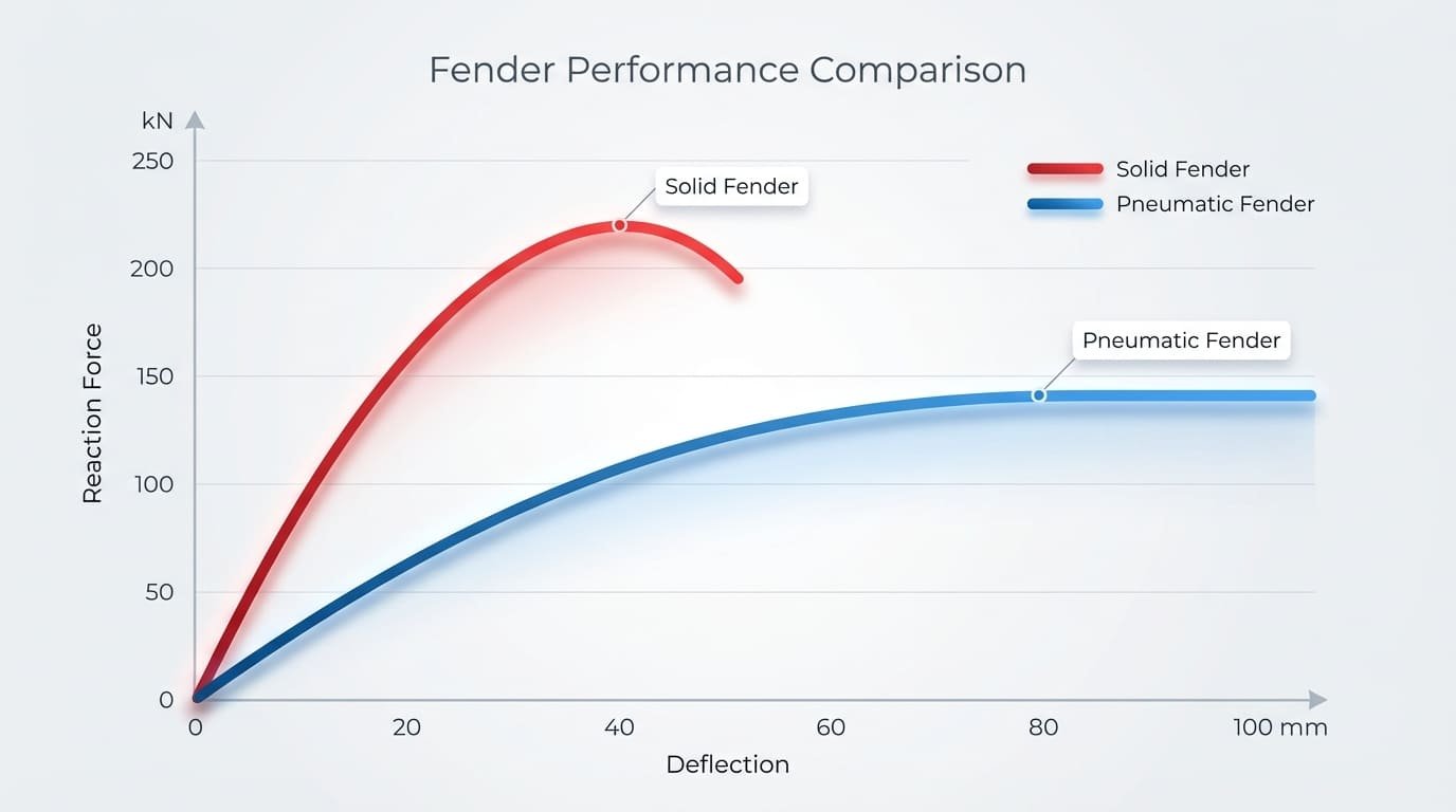 graph comparing reaction force of pneumatic vs solid fenders