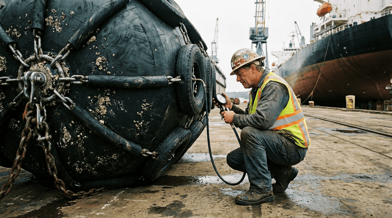 technician checking air pressure of fender