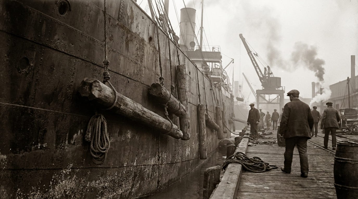 Old wooden fenders and rope fenders on a historical ship
