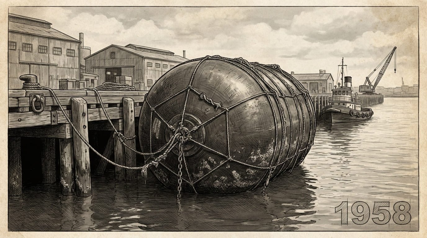 Early design of the first pneumatic rubber fender by Yokohama