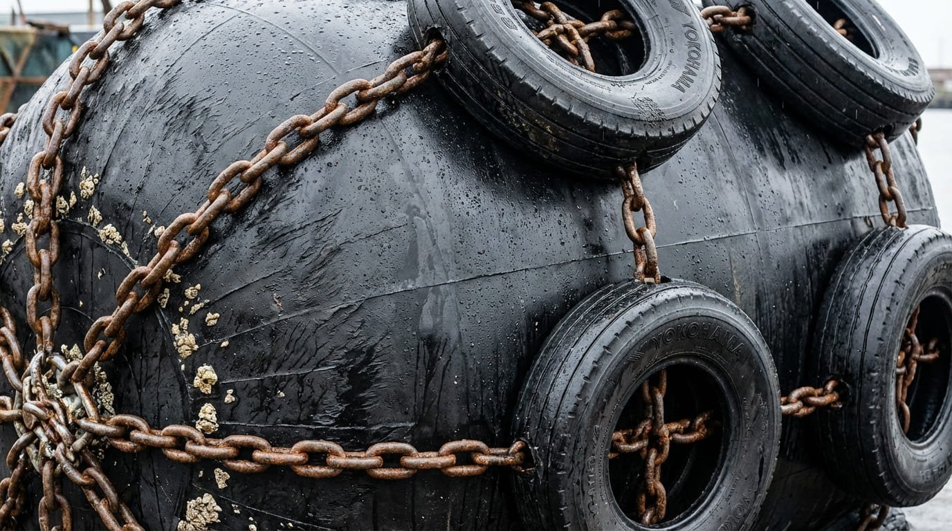 Yokohama fender with heavy duty chain and tire net protection