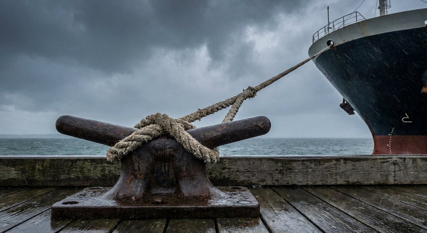 Horn bollard with mooring lines at a steep angle