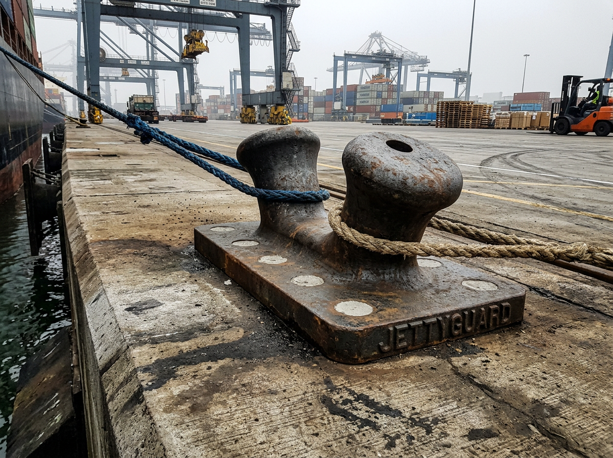 Double bitt bollard with multiple ropes attached