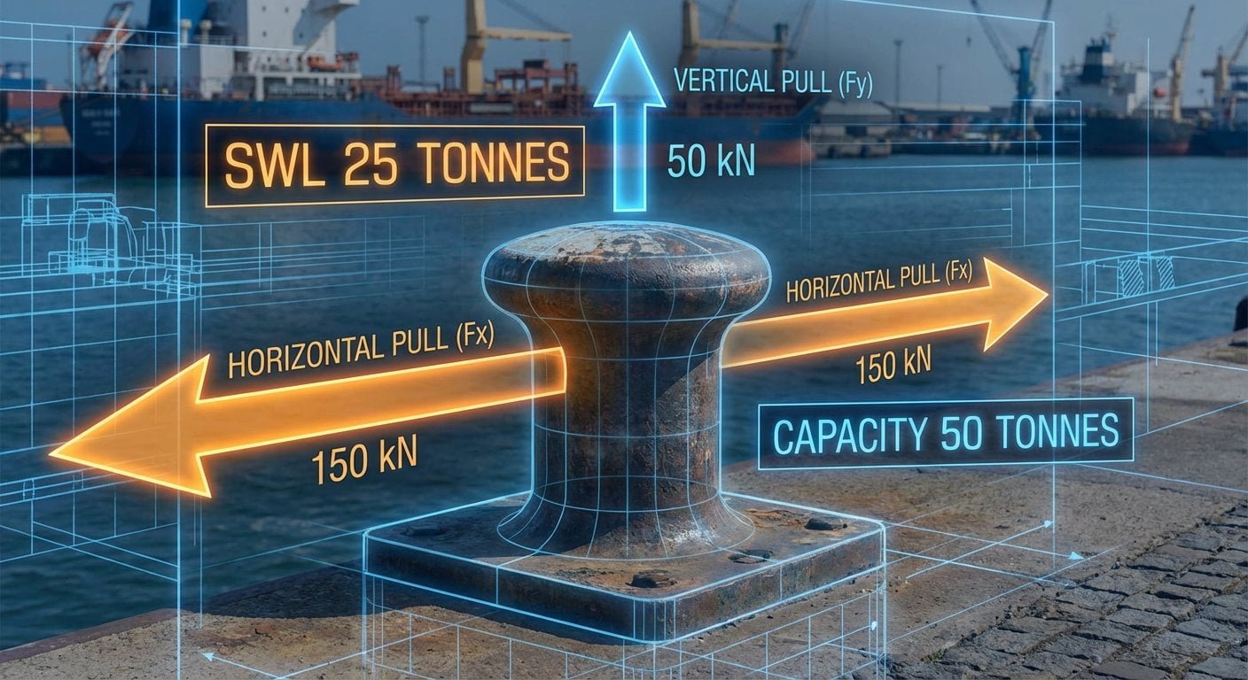 Engineering diagram showing bollard pull test and load calculation