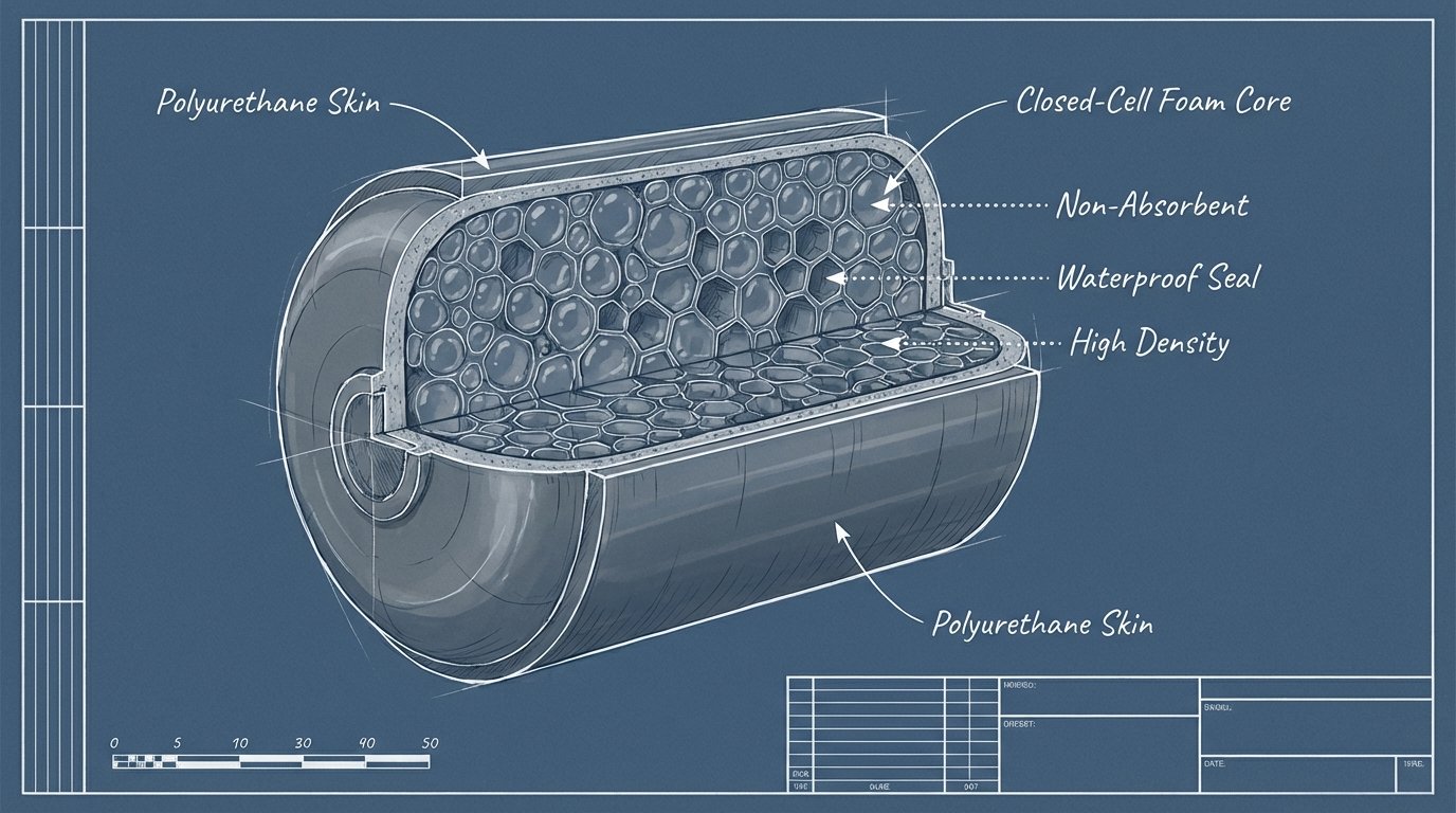 Cross-section diagram or realistic view of a closed-cell foam fender showing the internal foam structure that prevents water absorption, marine engineering style