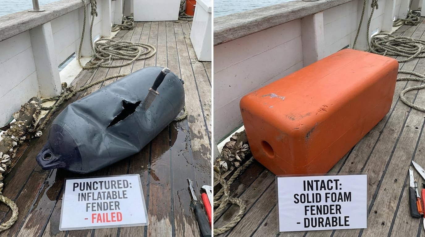 Comparison of a punctured inflatable fender vs an intact solid foam fender on a boat deck, highlighting durability, realistic style