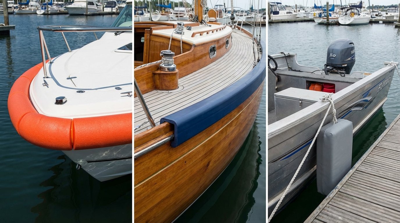 Three types of boat fenders: a foam collar on a RIB, a D-shaped gunwale guard on a workboat, and a flat modular fender on a pontoon, realistic marine setting