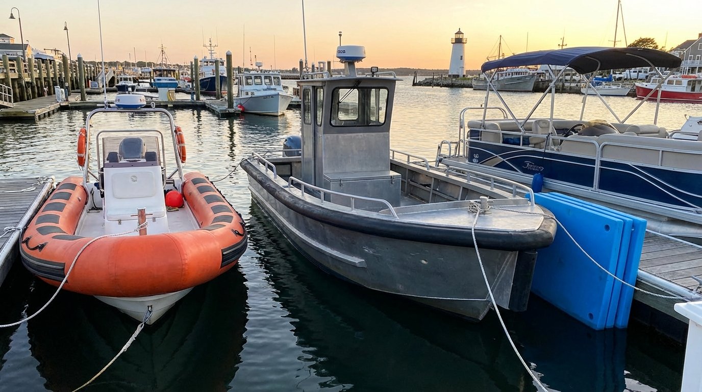 A pontoon boat and a workboat docked safely using foam fenders, showing the fenders compressed against the dock, realistic marine environment