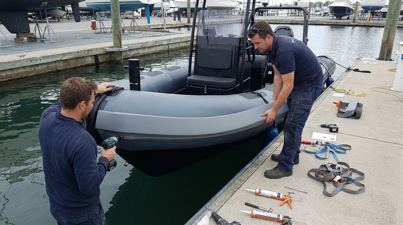Solid foam boat collar installation on a RIB Solid foam boat collar installation on a rigid inflatable boat RIB