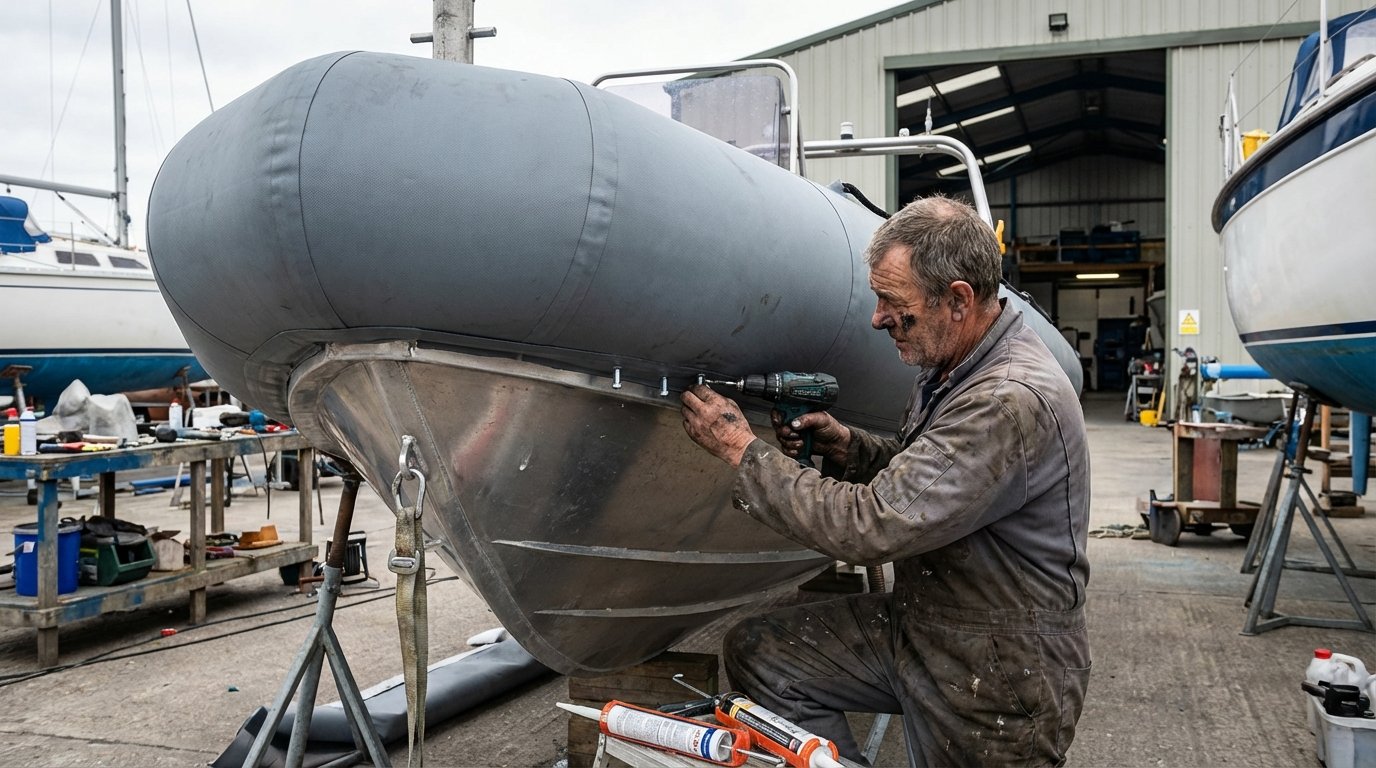 Mechanic installing a foam collar on an aluminum boat hull Mechanic installing a foam collar on an aluminum boat hull