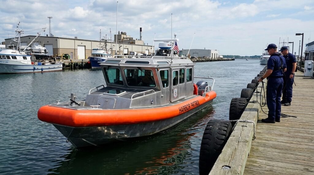 patrol boat with foam collar docking
