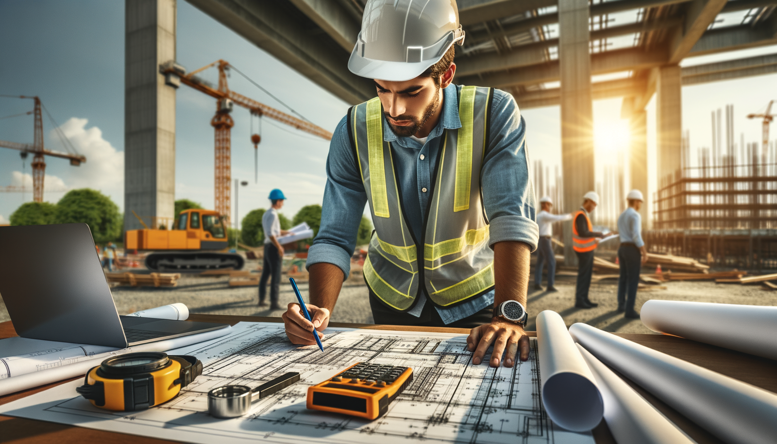 Engineer calculating mooring forces on blueprints