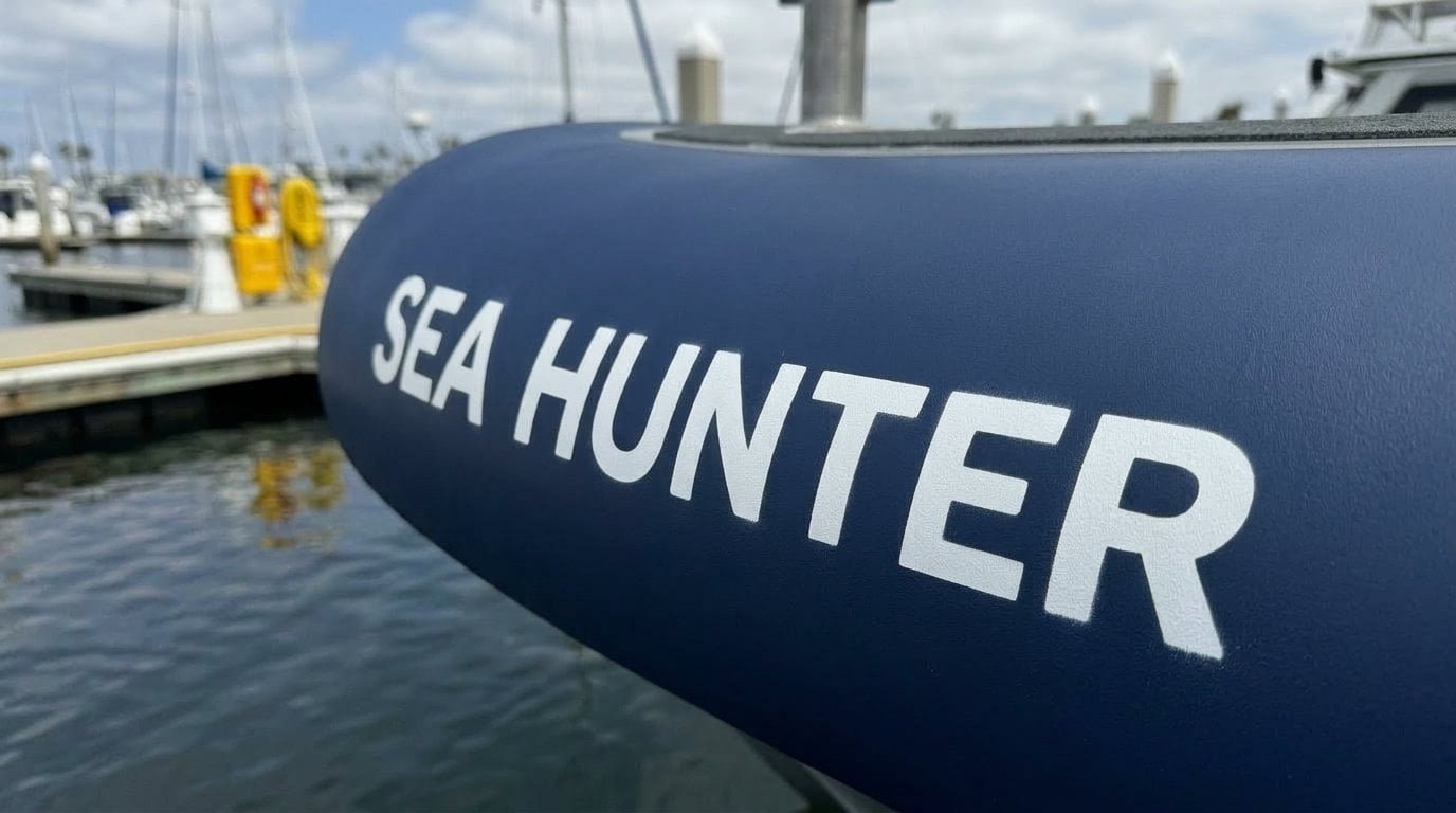 Foam collar with boat name "SEA HUNTER" in contrasting white lettering on navy background