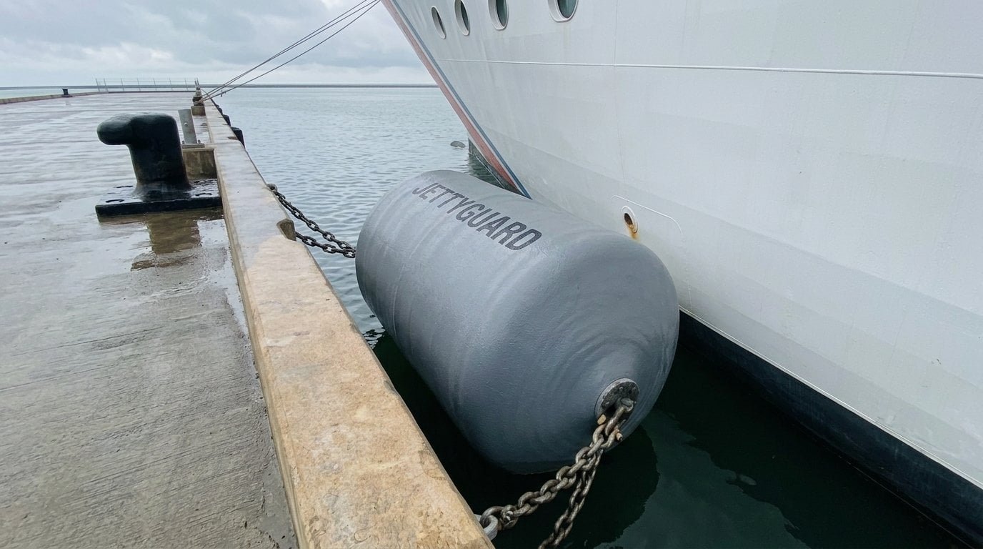 Foam filled fender protecting a docked vessel
