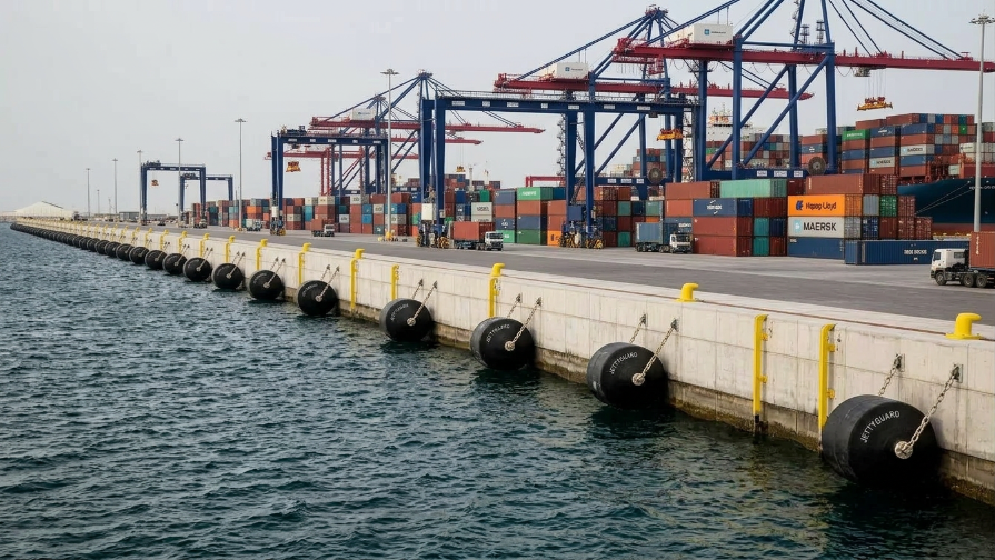 Foam filled fenders protecting commercial port dock