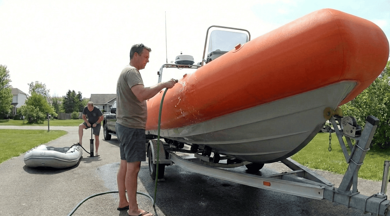 A boat owner washing down a foam collar with a hose, looking relaxed, contrasted with someone using a foot pump on an inflatable tube.