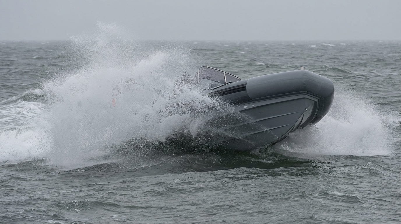 A view from inside the boat looking over the foam collar as it pushes aside a wave spray.