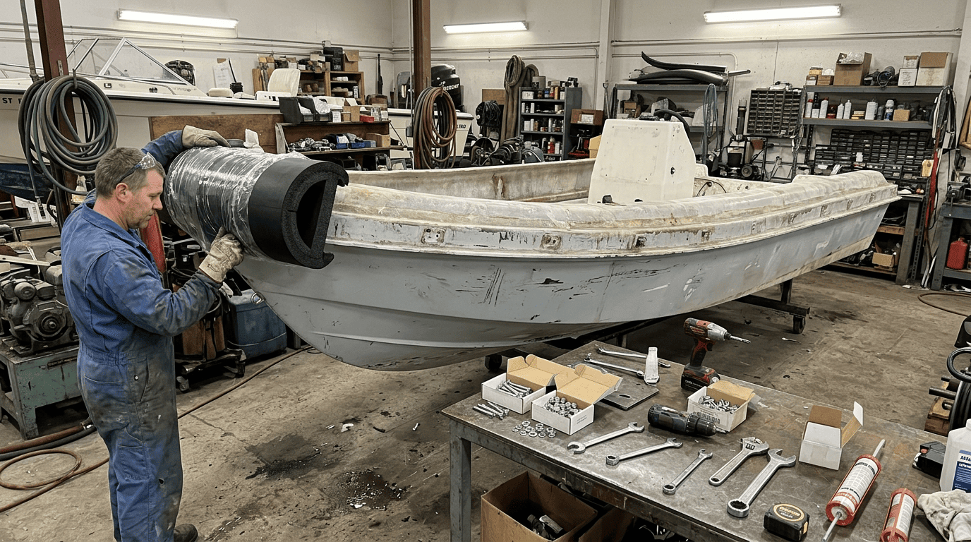 A mechanic installing a new foam collar section onto an existing RIB hull flange.