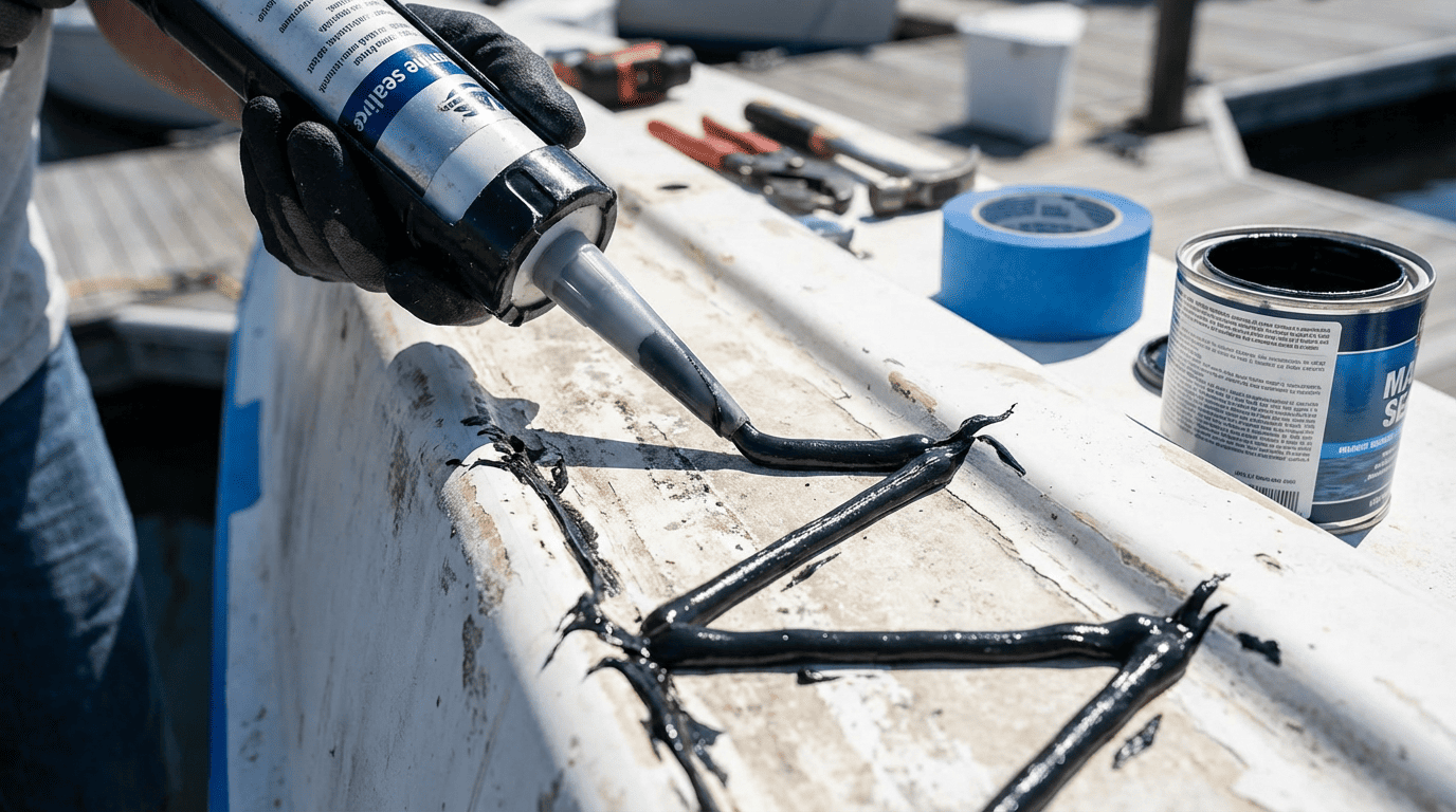 applying marine adhesive to hull