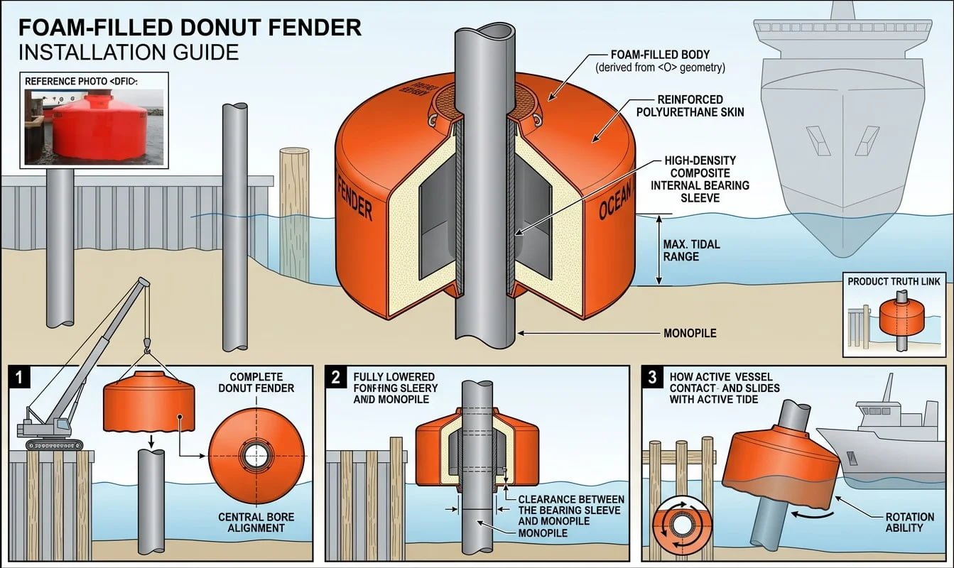 Tidal Adjustment of Donut Fenders Donut fender floating at water level during high tide