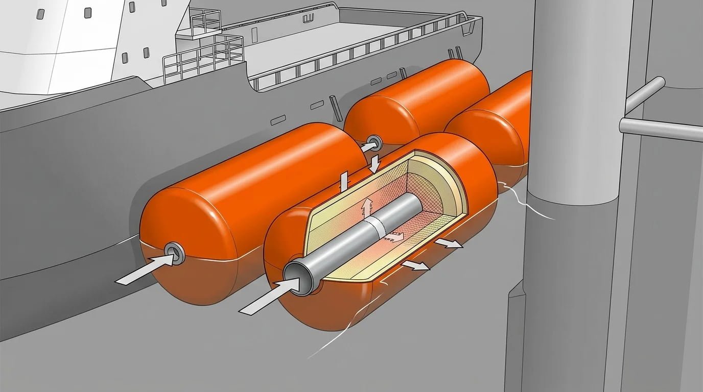 Supply vessel berthing against offshore foam fenders