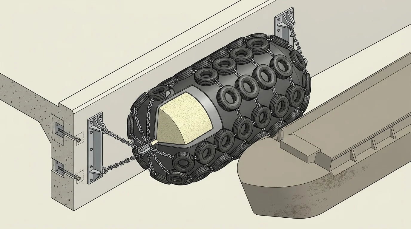 Chain and tire net foam fender protecting a dock