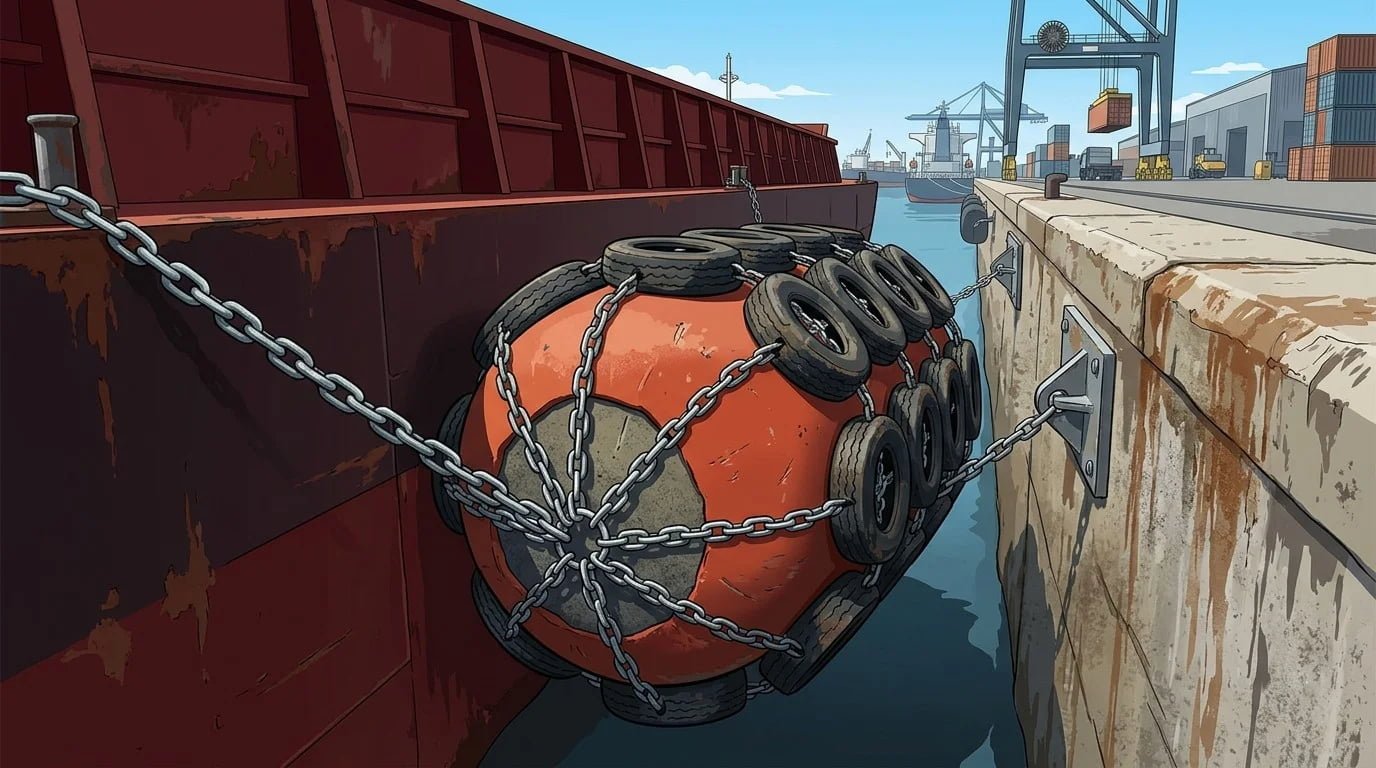 Heavy duty barge berthing against reinforced foam fender