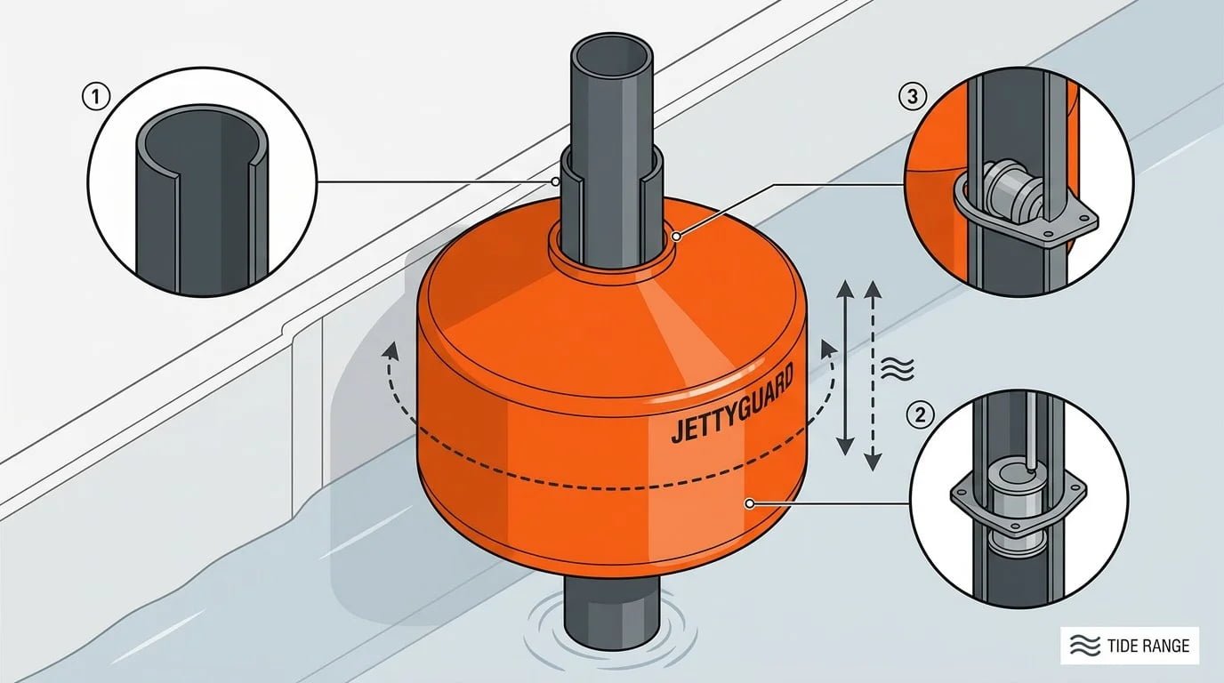 Lock Entrance Fender Protection Donut fenders installed at a narrow lock entrance
