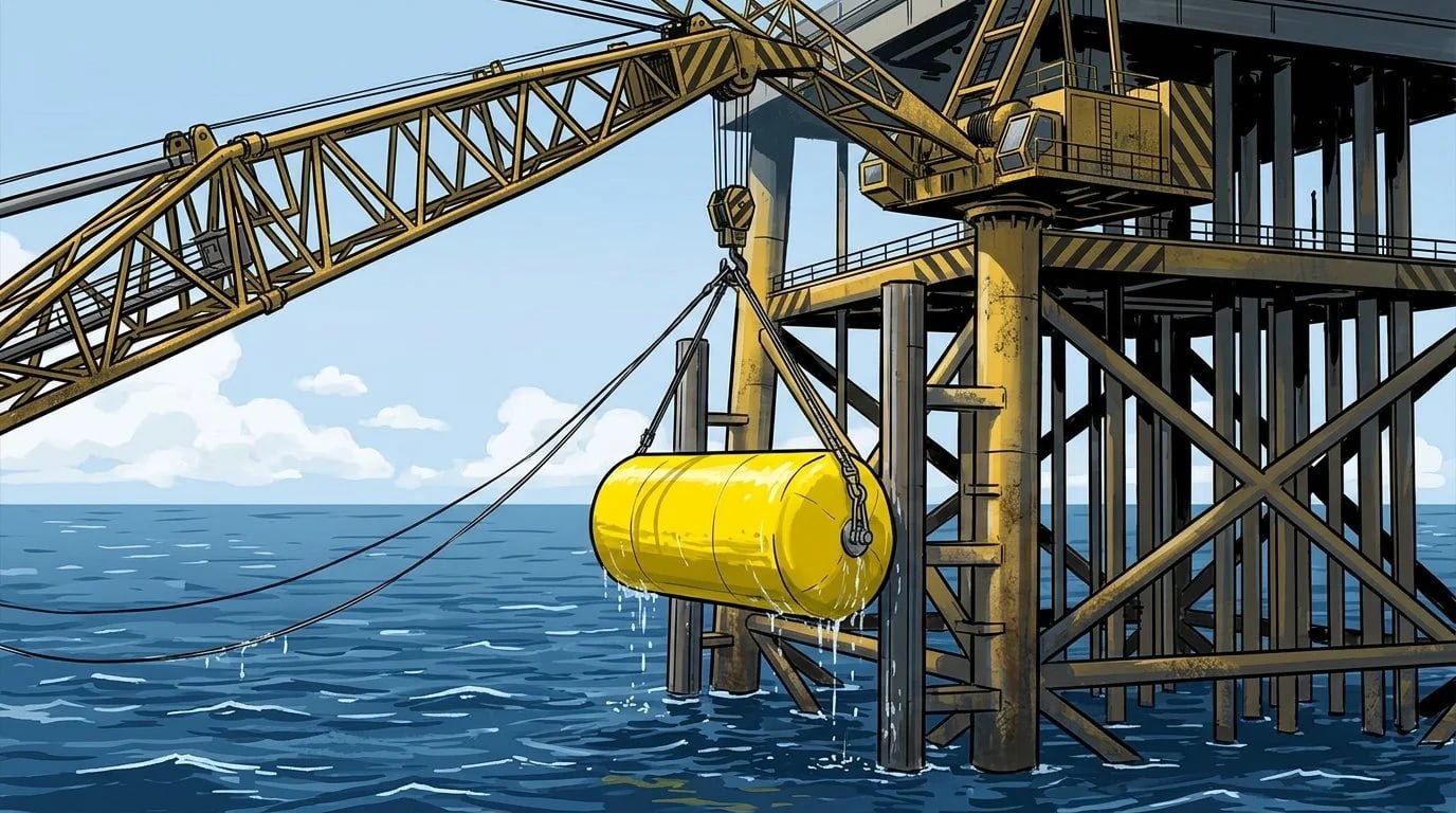 Crane installing foam fenders on an offshore platform