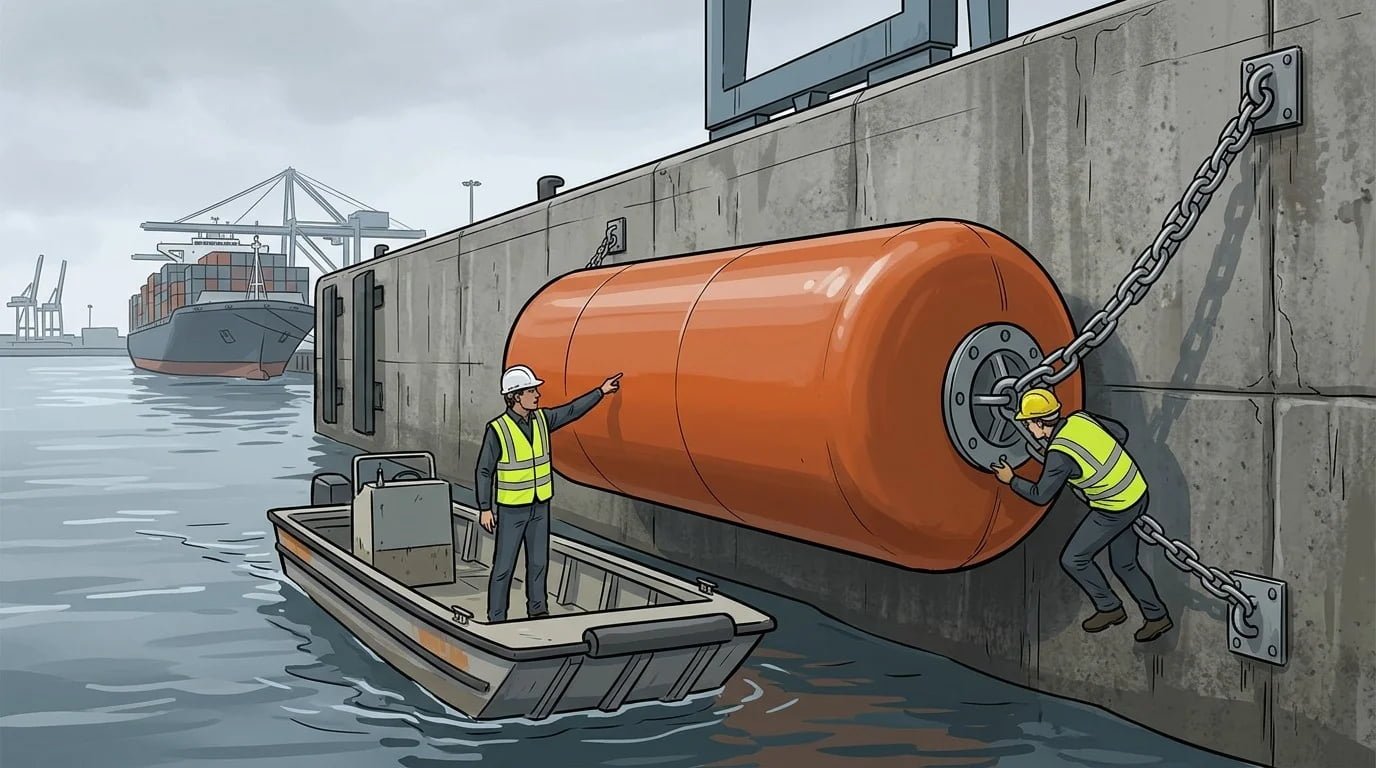 Maintenance crew inspecting a marine fender
