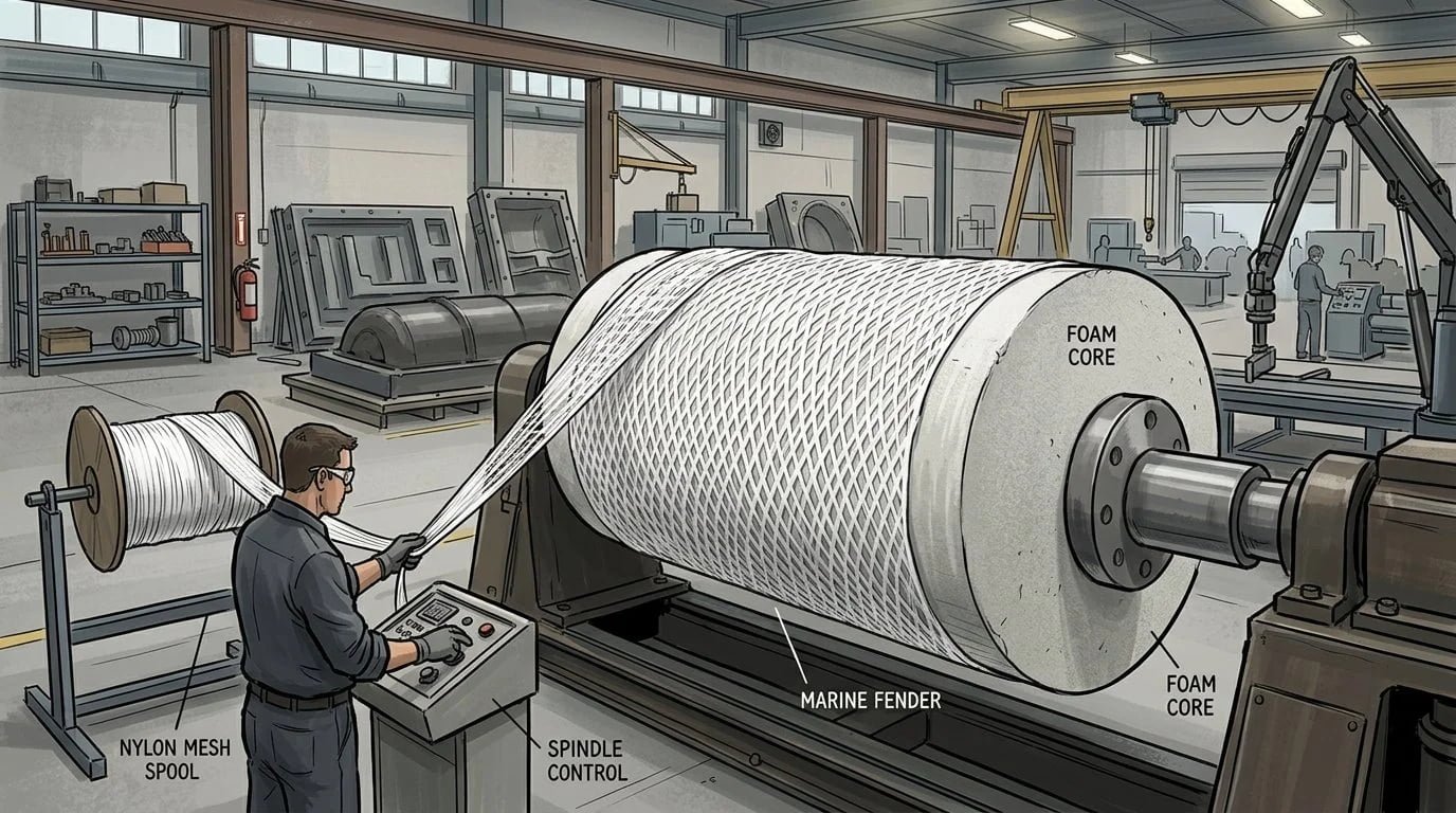Manufacturing Process Factory floor showing the nylon mesh wrapping process