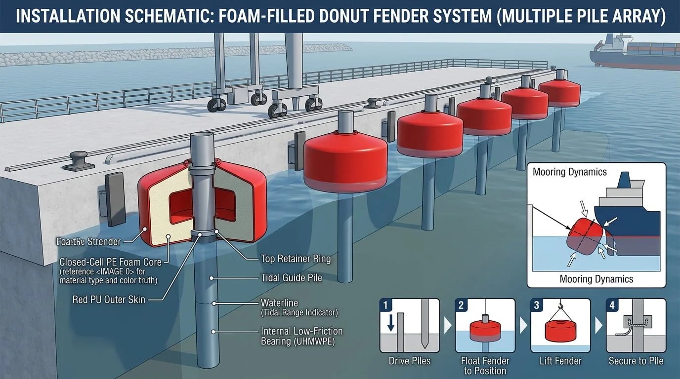 High Traffic Waterway Guiding Structures Row of donut fenders in a busy waterway