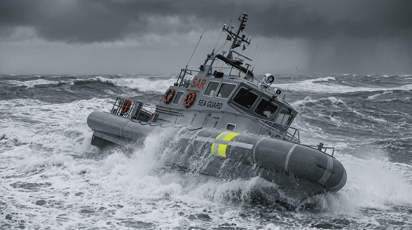 Boat in rough water listing heavily but supported by collar