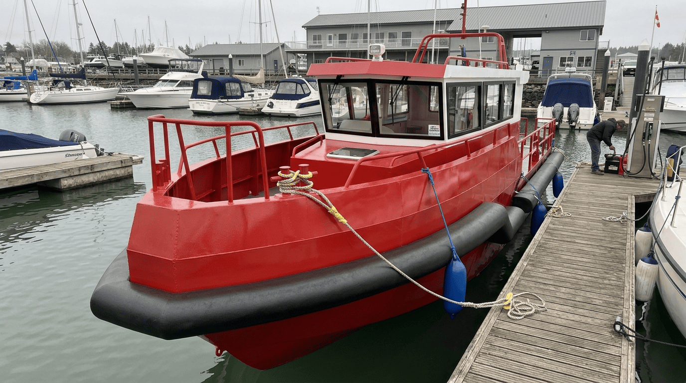Solid foam boat collar with SPUA outer skin fitted along the hull of a workboat