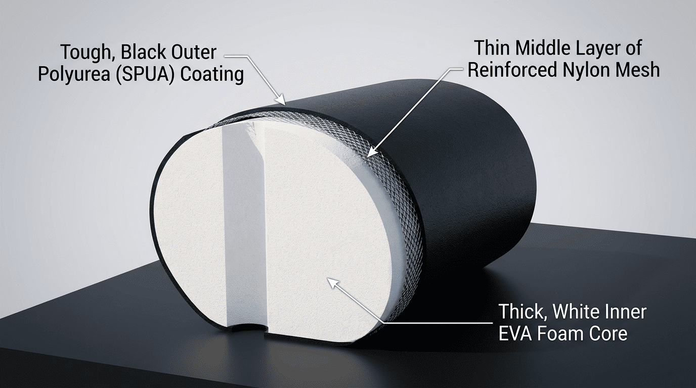 Cross section diagram showing EVA foam core, nylon mesh, and SPUA coating