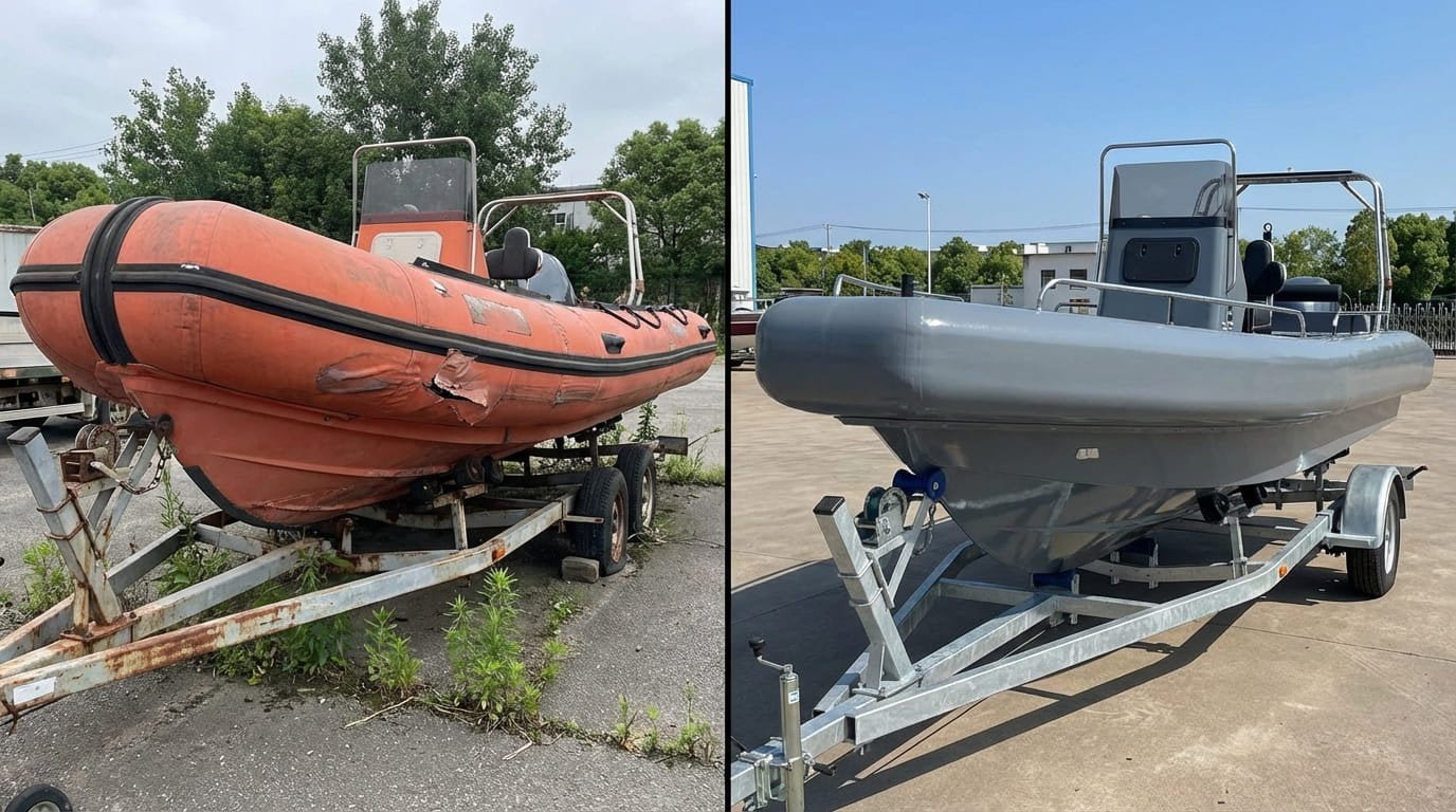 Comparison image of a deflated RIB tube vs a solid foam collar