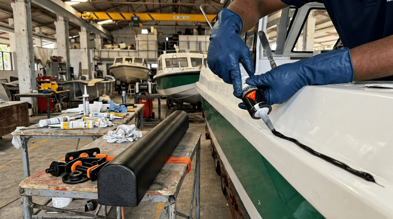 Technician applying Sikaflex adhesive to a boat hull