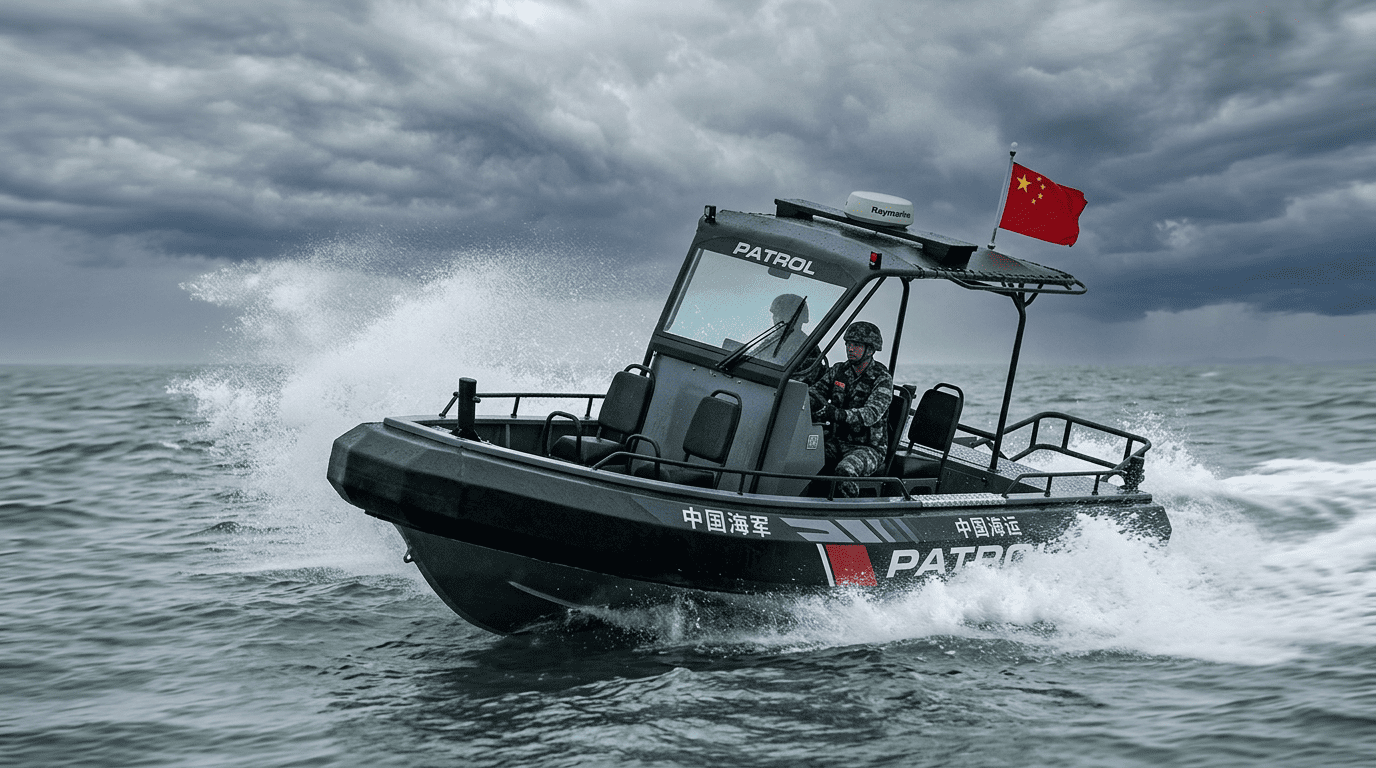 A rugged patrol boat with foam collars speeding through water