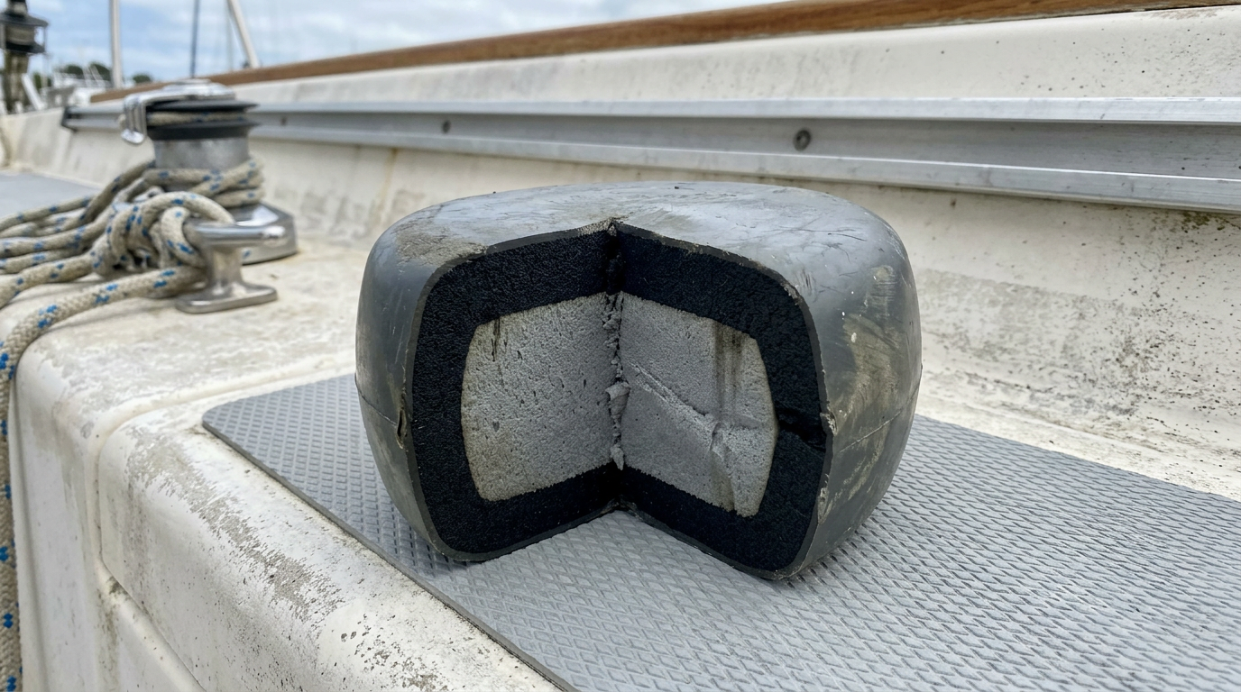 Energy absorbing boat fender cross-section showing foam core and protective layers