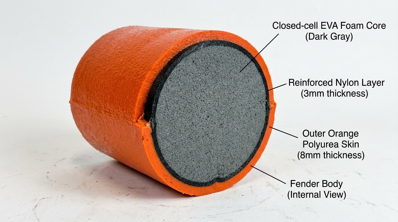 Cross-section showing foam core inside fender