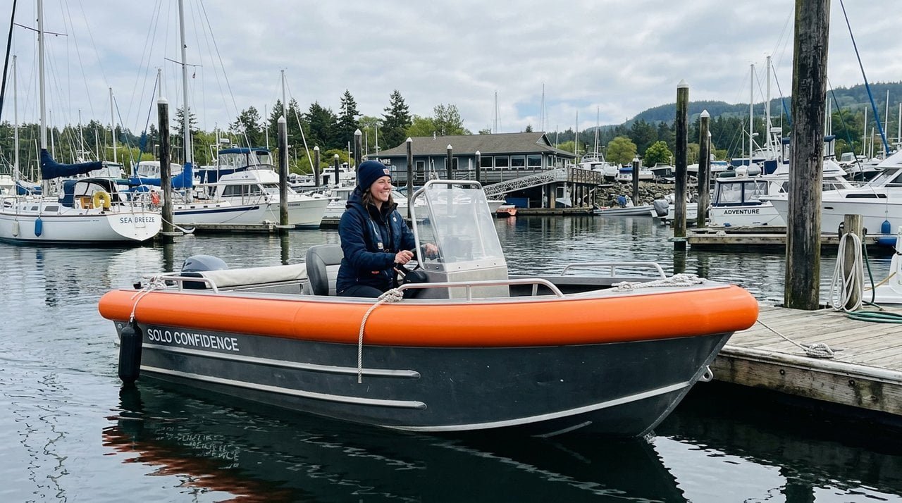 Solo Boater Docking Without Fear Solo boater confidently docking a boat with a foam collar