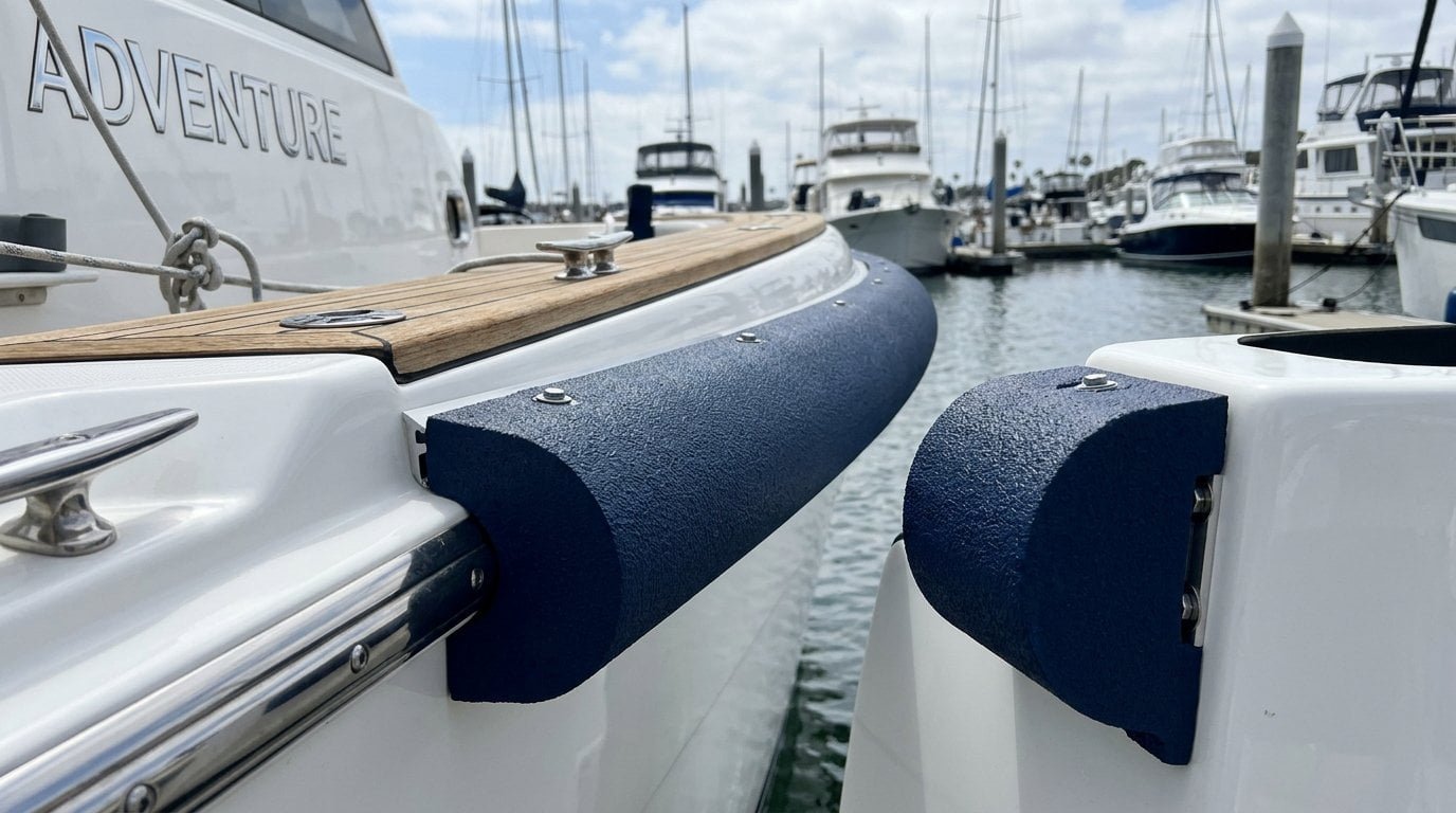 Custom foam collar with navy blue UV coating and non-slip texture on boat gunwale