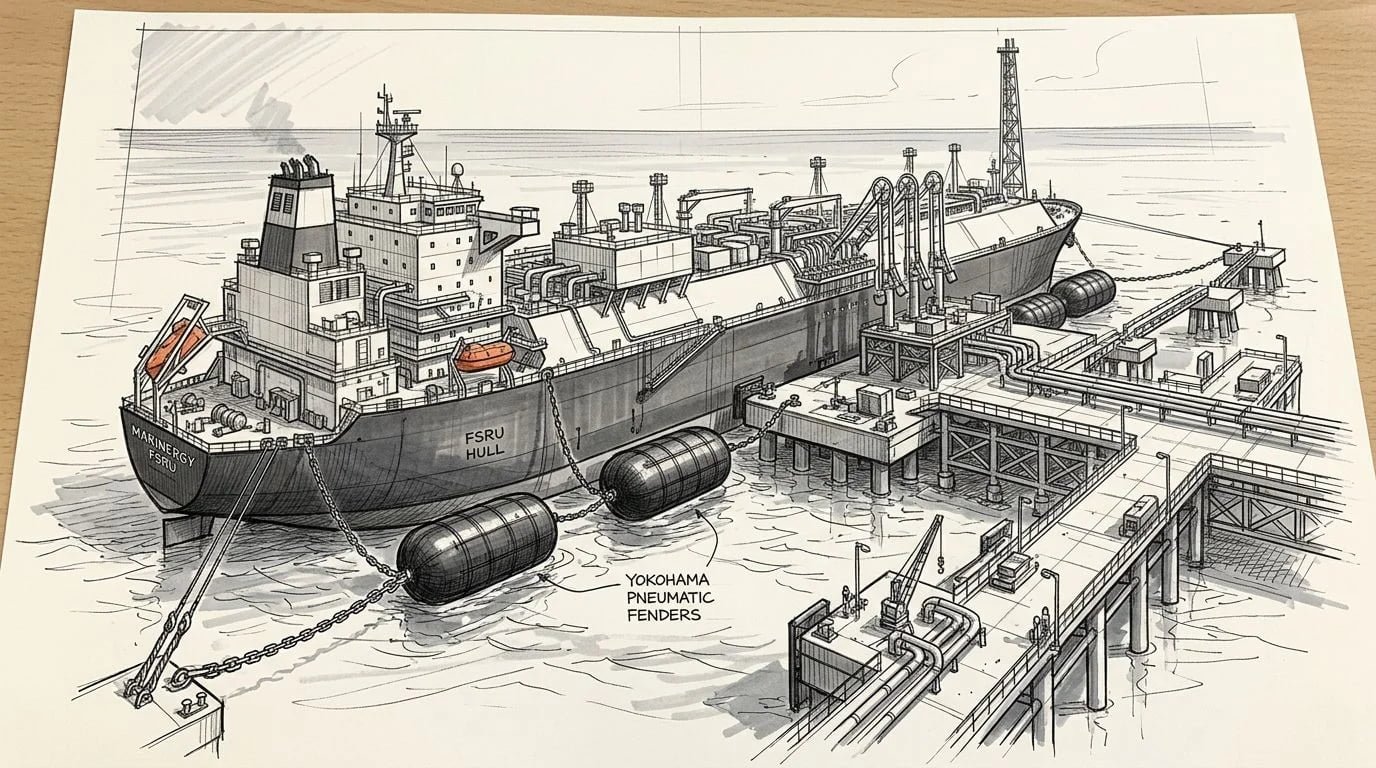 FSRU moored at offshore jetty with regasification equipment visible — floating storage regasification unit diagram