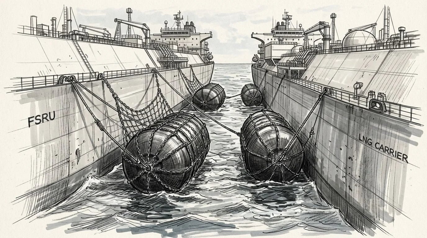 Diagram comparing fixed quay berthing load path versus floating FSRU ship-to-ship berthing dynamics