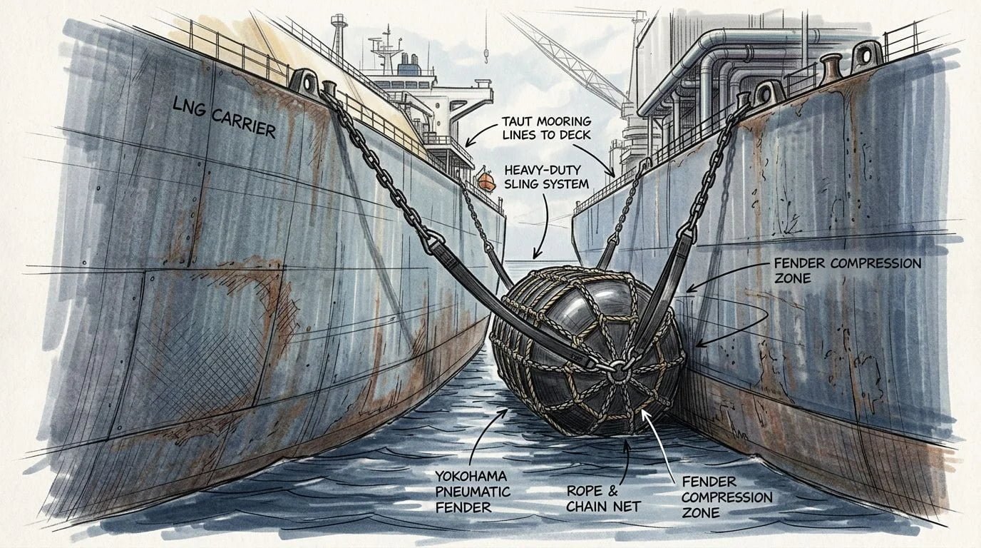 Type 1 pneumatic fender with rope net and sling system deployed on vessel side — pneumatic fender for FSRU standard configuration