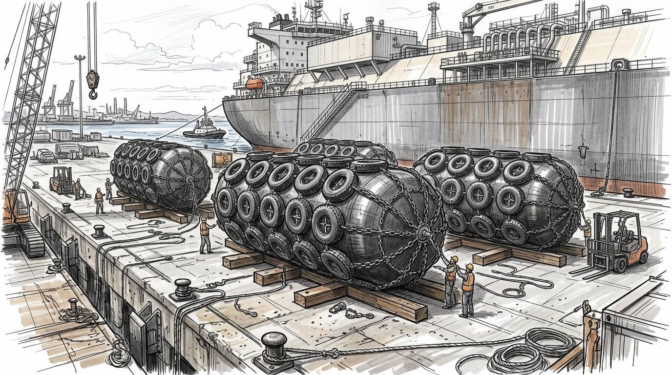 Pneumatic fender set staged on dock before FSRU project deployment — FSRU fender system supply