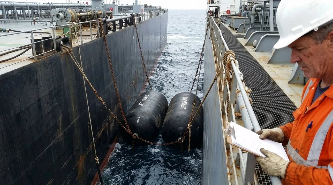 Pneumatic Fenders Deployed During STS Transfer Operation Two large pneumatic fenders deployed between tanker hulls during ship-to-ship transfer at sea, viewed from deck level