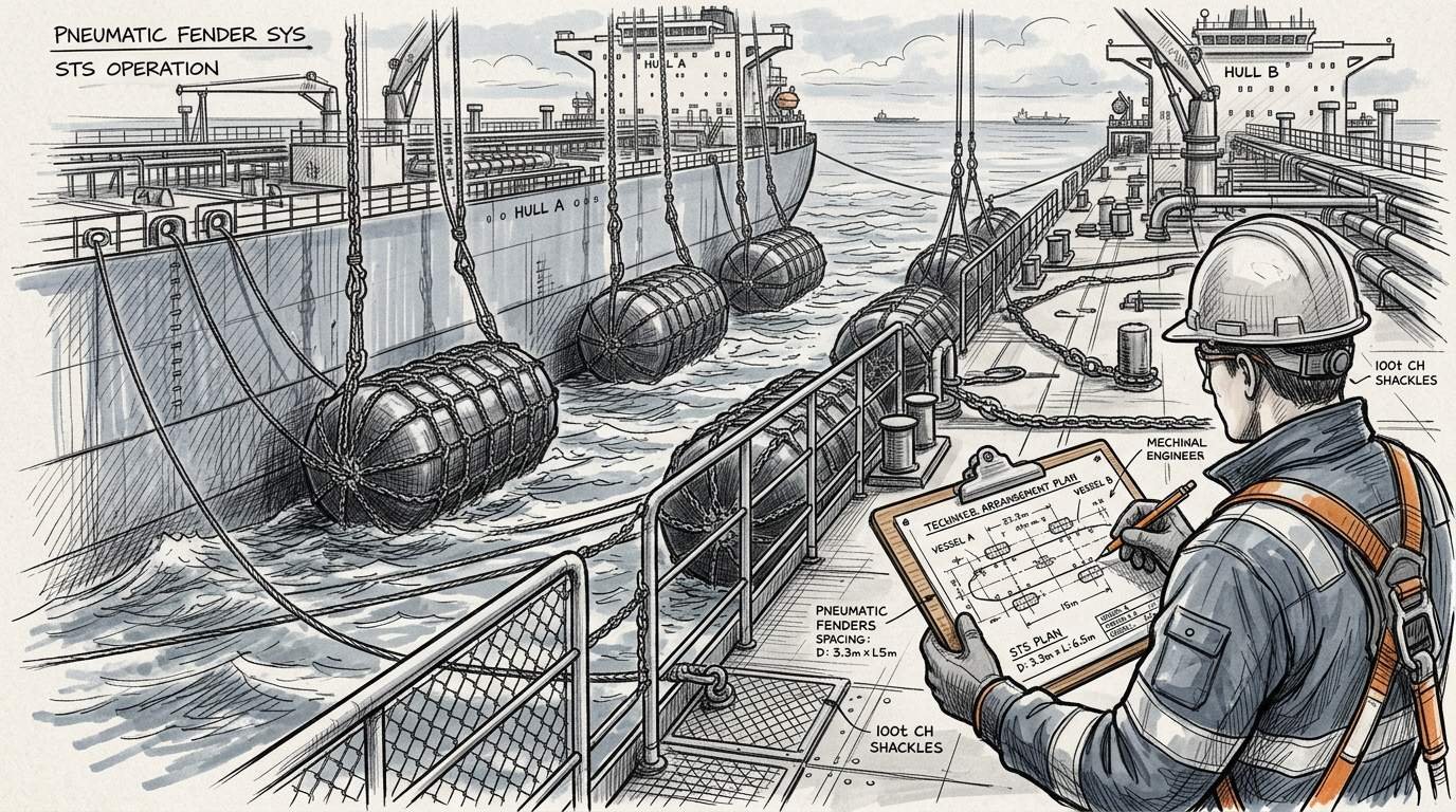 Marine engineer on deck reviewing fender arrangement plan with two vessels moored alongside during STS operation